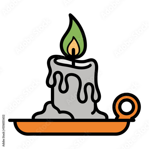 Candle with molten wax and flame on orange plate  