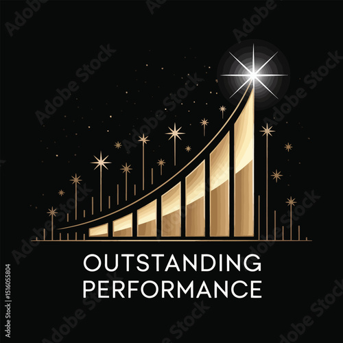 Illustrative vector of upward trending gold bar graph symbolizing remarkable performance achievement and business growth set against a celestial black background with bright starburst.