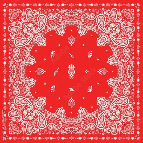 Red Bandana Print. paisley seamless pattern. pattern, flowers, hops, rice, art line ornament. Red white pattern template. Silk neck scarf or kerchief square pattern design.