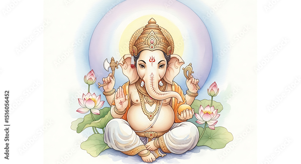 Obraz premium Ganesha Surrounded by Sacred Flowers – Elegant Watercolor Design