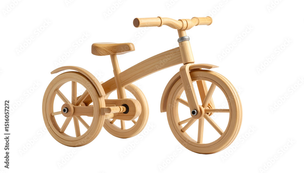 Fototapeta premium Wooden toy tricycle isolated on solid white background 