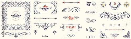 Ornate vector elements, frames, labels, scroll, logos, floral motifs. For wedding invitations, menu, branding, graphic design, packaging, stickers, business and greeting cards.