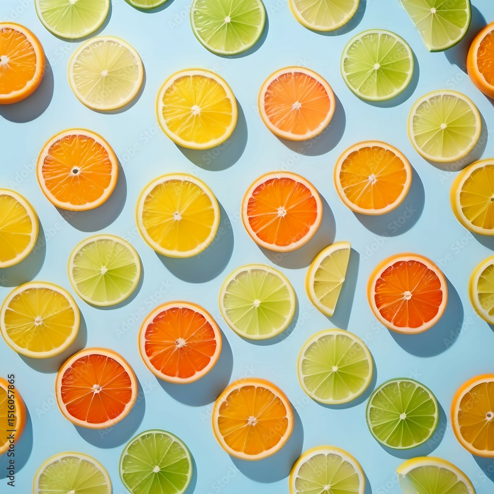 Obraz premium Floating citrus slices (orange, lemon, lime) evenly spaced on a light blue background with soft shadows.