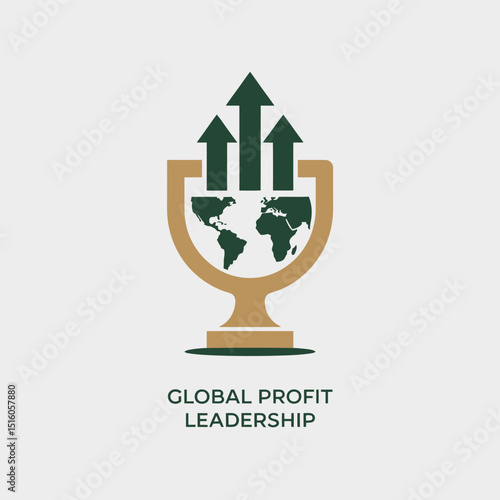Global profit leadership concept illustrated with earth and upward arrows representing growth and achievement in international business ventures for success
