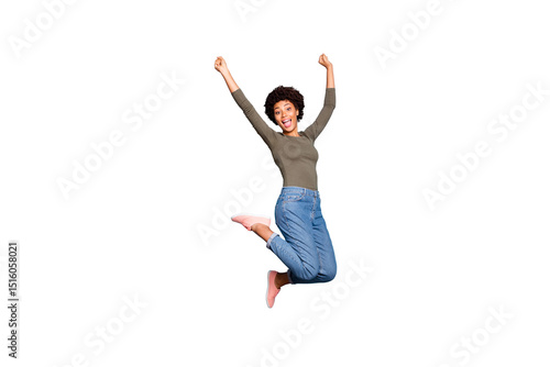 Full body photo of excited dark skin lady jumping high rejoicing with student low cost trip abroad celebrating vacation wear casual outfit isolated pastel blue color background