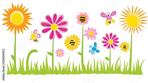 Colorful flowers and insects in a grassy field.