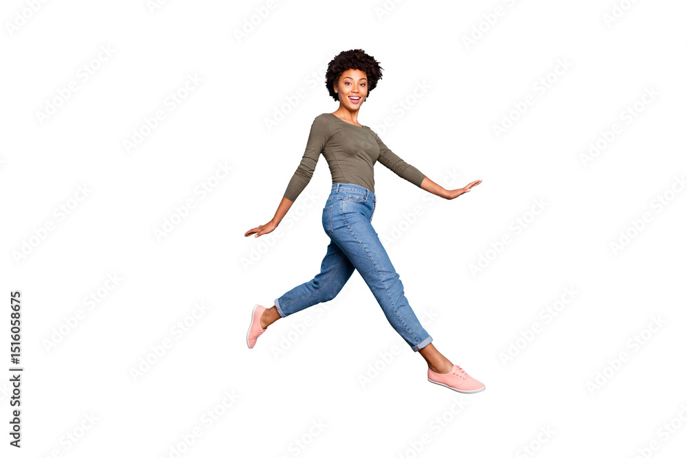 Full body photo of dark skin pretty lady jumping high walking down spring foreign street charming motion wear casual outfit isolated pastel blue color background Full body photo of dark skin pretty lady jumping high walking down spring foreign street charming motion wear casual outfit isolated pastel blue color background
