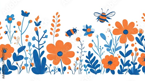 Vibrant floral border design with bees and blossoms.