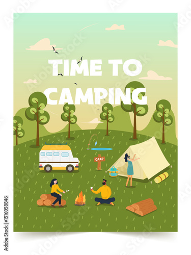 Camping adventure with friends in a picturesque outdoor setting. Vector illustration