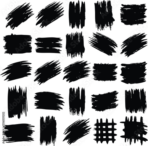 Collection of twenty four black ink brush strokes and textures for design elements