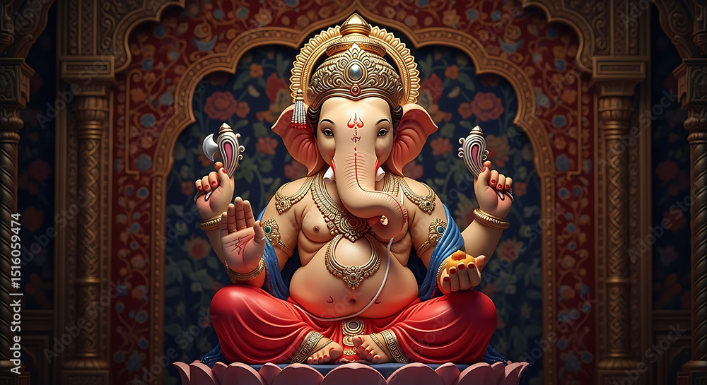 Fototapeta premium Majestic Lord Ganesha in Royal Temple Setting – 3D Digital Art