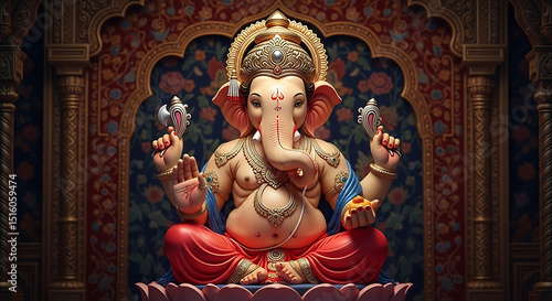 Fototapeta Naklejka Na Ścianę i Meble -  Majestic Lord Ganesha in Royal Temple Setting – 3D Digital Art