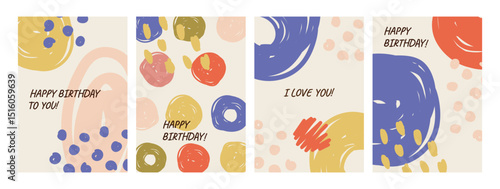 Abstract poster, cover, postcard design with hand drawn doodles. Set of creative greeting card templates in flat style.