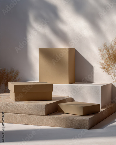 Kraft paper boxes arranged on layered surfaces with shadows