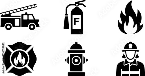 Fire safety icons firetruck firefighter extinguisher hydrant flame