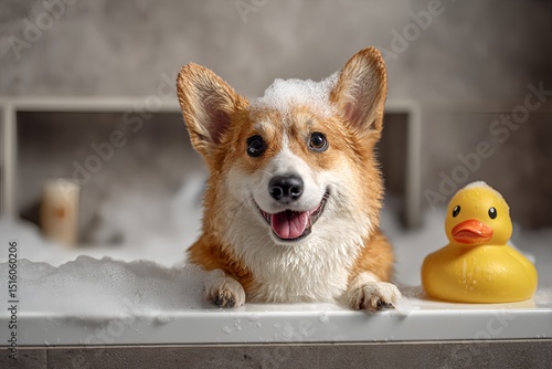Joyful Corgi Dog Covered in Soap Suds Standing on Bathtub Edge with Rubber Duck Beside
