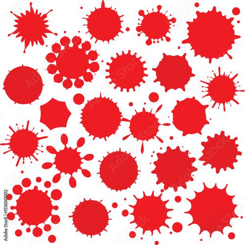 Collection of twenty four red ink splatter shapes isolated on white background