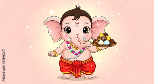 Chibi Style Baby Ganesha with Indian Treats – Child-Friendly Spiritual Art