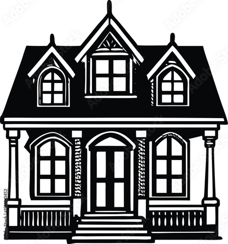Black and white illustration of a victorian style house with porch and dormer windows