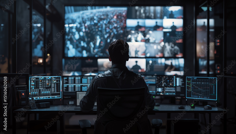 Fototapeta premium Security guard watches people through CCTV cameras. Concept of security and surveillance of people