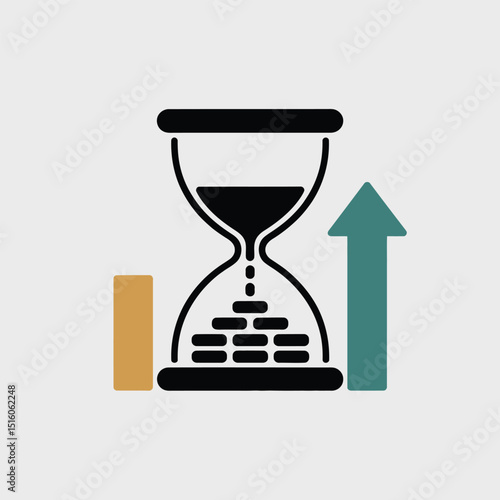 Conceptual illustration showcasing time management business growth and investment strategies visualized with an hourglass arrow and bar graph element in a minimalist design