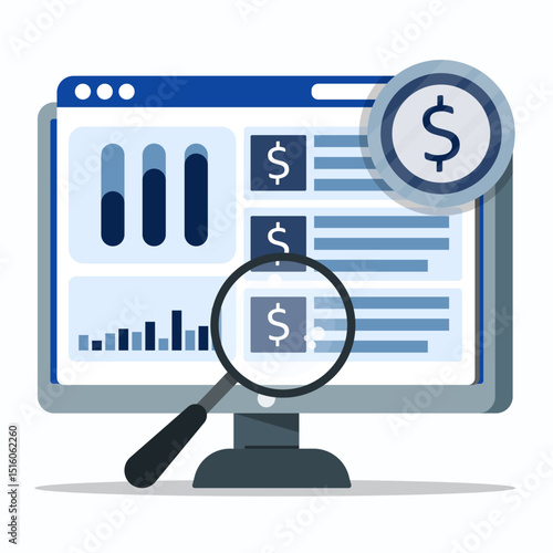 Research on potential of investments with magnifying glass and chart graphs of business growth on computer screen. Market analyzing concept.