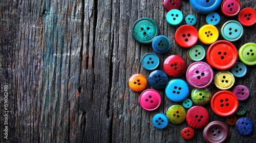 multi-colored buttons lie on a wooden table, space for text