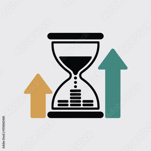 Conceptual illustration of time management with hourglass and upward arrows representing growth and progress
