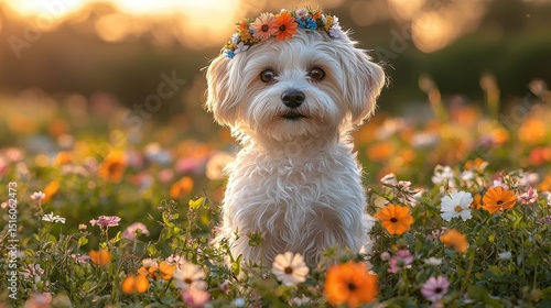 cute maltese lapdog with a wreath of wild flowers on her head, in a field, in summer, at sunset, looking at the camera
