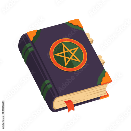 Ancient tome with pentagram design and colorful binding details  