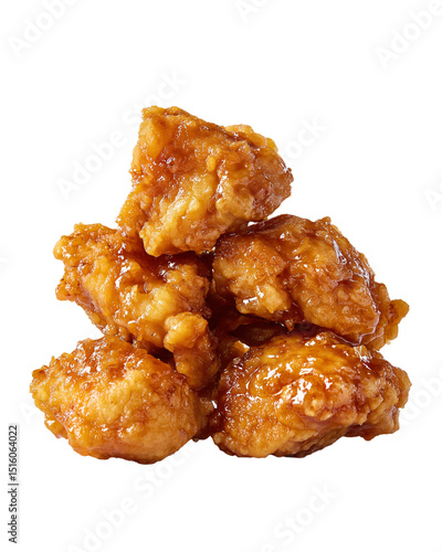 Crispy Japanese karaage chicken bites stacked on transparency background, golden brown, glazed with sweet sauce, delicious and appetizing, perfect for snack or meal, isolated closeup