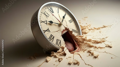 A clock breaking through a wall, symbolizing the passage of time and disruption with dramatic lighting and shattered debris.