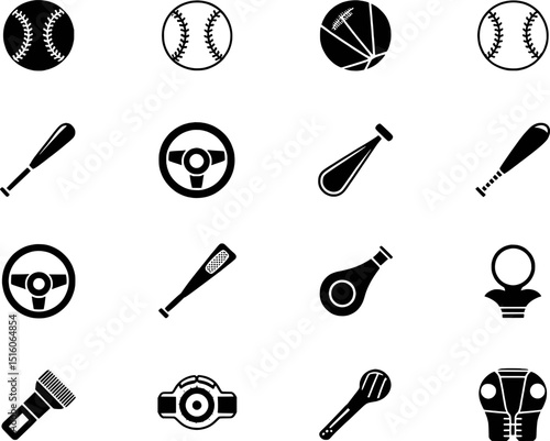 Sports equipment icons baseball bats balls steering wheels