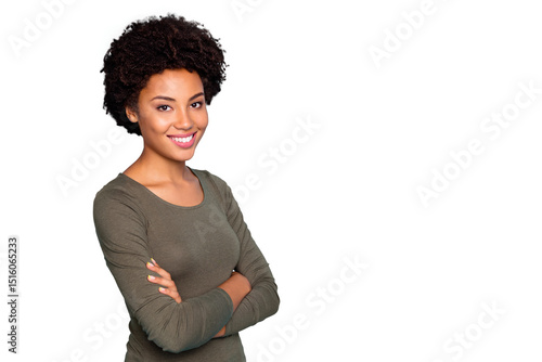 Obraz na płótnie Turned photo of positive cheerful successful mulatto girl  true leader on her en