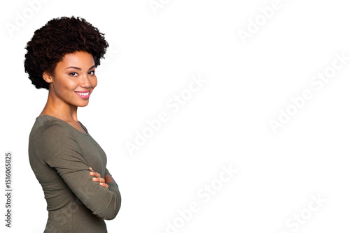 Fotografie Profile side photo of positive dreamy mulatto girl really successful entrepreneu