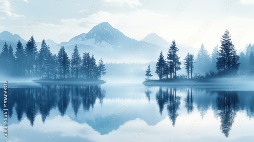 Fototapeta premium Serene Mountain Landscape with Misty Lake and Pine Trees at Dawn