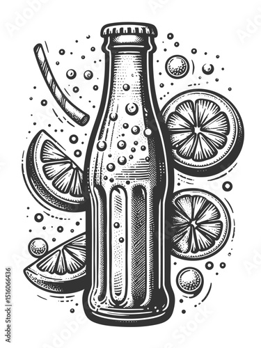 soda bottle surrounded by lemon slices and fizzy bubbles, evoking refreshing summer drink vibes sketch engraving generative ai vector illustration. Scratch board imitation. Black and white image.