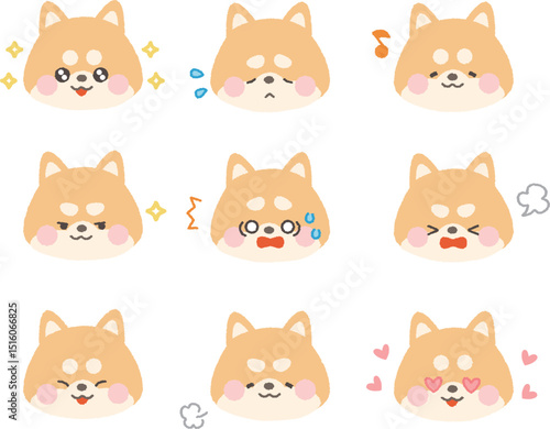 茶色の柴犬の顔アイコン　コミカル表情セット　線なし