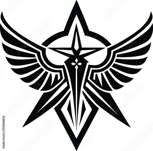 Abstract black and white winged star emblem design graphic