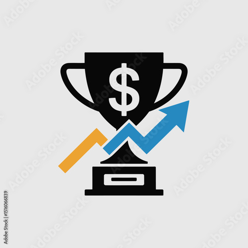Financial success icon featuring a trophy with a dollar symbol and rising arrows representing growth and profitability in a conceptual business vector illustration