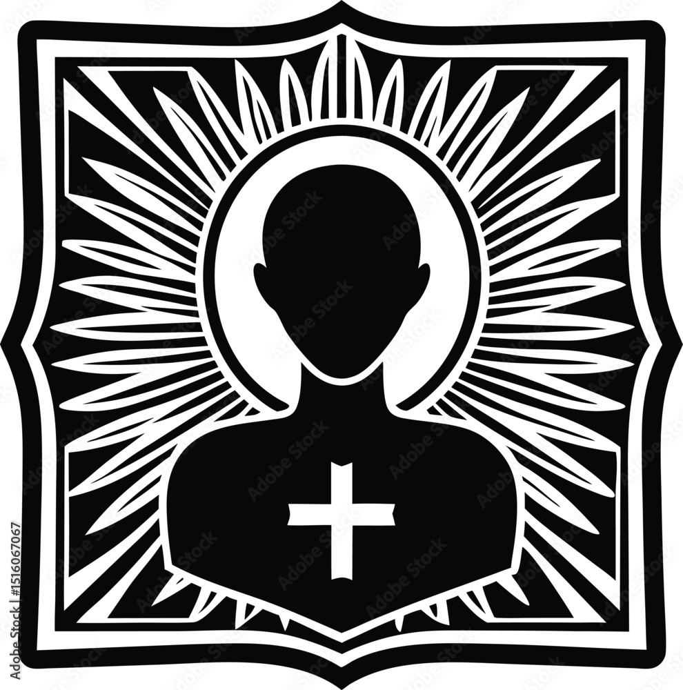 Abstract black and white figure with cross and radiant sunburst design within ornate frame Abstract black and white figure with cross and radiant sunburst design within ornate frame