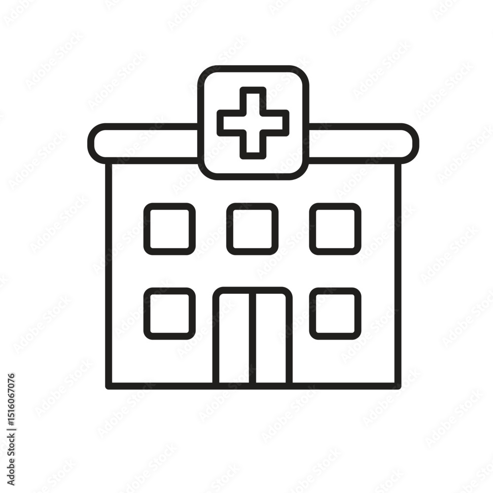 Obraz premium Medical icons. Hospital / Clinic. Building with red cross symbol in the middle. prevention, health, diagnosis. Outline design style