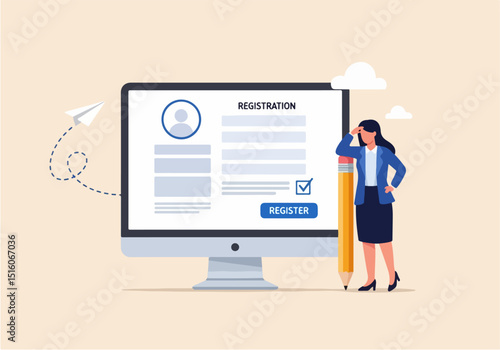 Flat cartoon illustration of a woman leaning on a large yellow pencil beside a computer monitor showing a registration form, symbolizing digital sign-up, user onboarding, and data entry on a beige bac