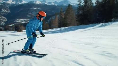 Teenage boy spending his ski holiday at ski resort, skiing fast and safety in crash helmet 