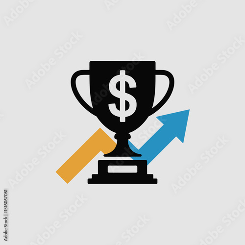 Financial success and growth trophy symbol with dollar sign and arrows indicating positive trends showing business achievement and financial rewards