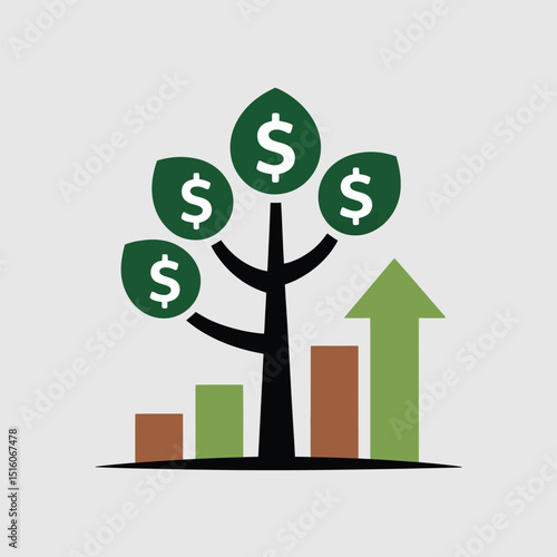 Financial growth concept depicted with a tree growing money and a rising bar chart representing investment and wealth