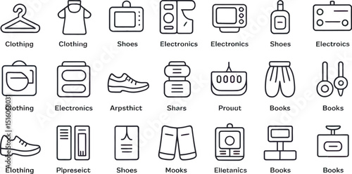 Collection of minimalist black and white outline icons representing various products and items