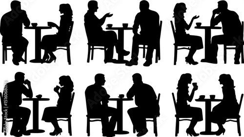 "Black silhouettes of romantic and platonic couples seated at café tables, communicating with gestures and cups in hand. Various viewpoints and arrangements, laid out in a uniform grid pattern, on a p