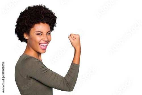 Obraz na płótnie I am champion! Turned photo of crazy delighted mulatto girl raise her fists scr