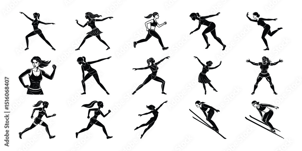 Naklejka premium Fifteen Silhouette vectors bundle of Women in Various Positions Actions.